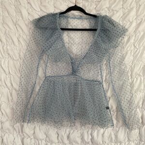 SHEIN Blue Mesh peplum Polka Dot Blouse